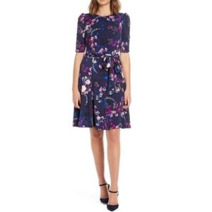Eliza J Navy Floral Print Ruched Sleeve Dress Size 12P